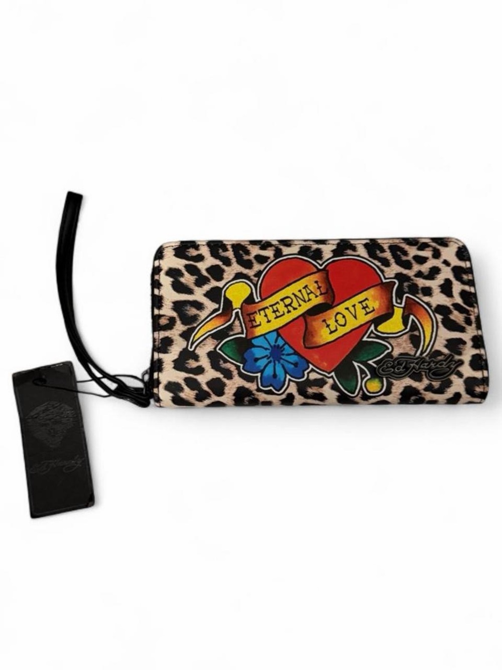 Ed Hardy Leopard Print Zip Wallet with Red Heart Graphic